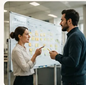 Deux collègues échangent devant un tableau d'organisation du travail
