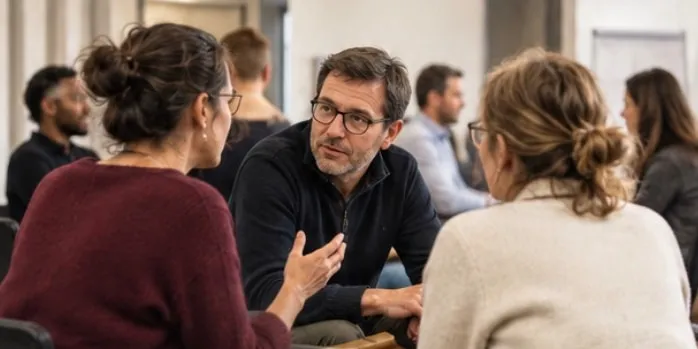 Des participants échangent en petit groupe lors d'une rencontre de l'Observatoire des Réalités Managériales.