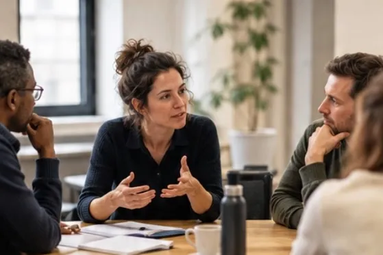 Une participante prend la parole devant d'autres managers, autour d'une table, lors d'une rencontre de l'Observatoire.