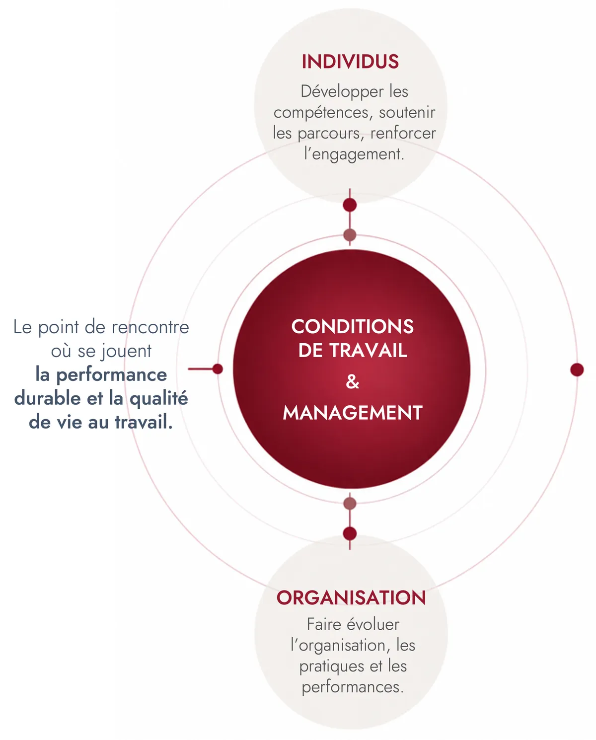 Vicariance relie les individus, le management et les conditions de travail, et l’organisation.