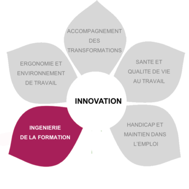 Fleur des compétences de Vicariance dont les pétales sont grisées, à l'exception de la pétale "Ingénierie de la formation"